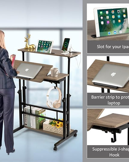 Hadulcet Stand Up Desk, Rolling Desk Adjustable Height, Mobile Standing Desk with Wheels & Charging Station Grey or Rustic Brown - LeafyLoom