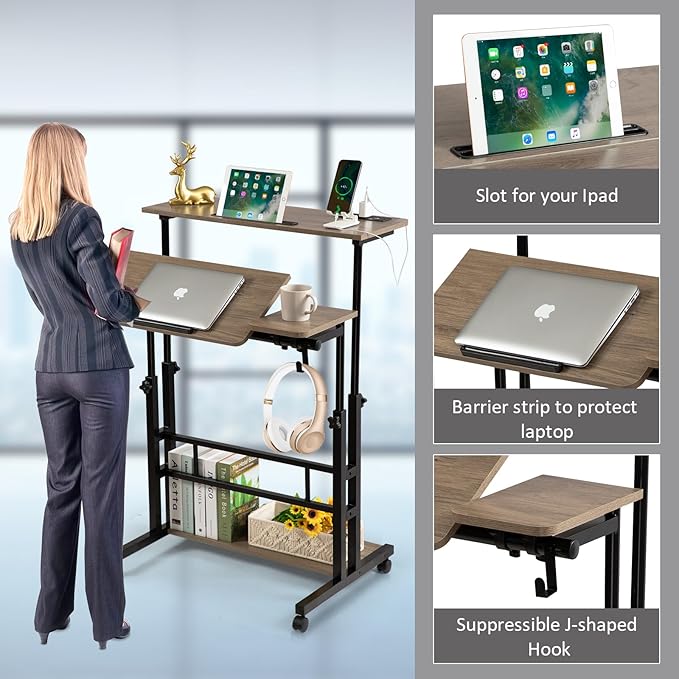 Hadulcet Stand Up Desk, Rolling Desk Adjustable Height, Mobile Standing Desk with Wheels & Charging Station Grey or Rustic Brown - LeafyLoom