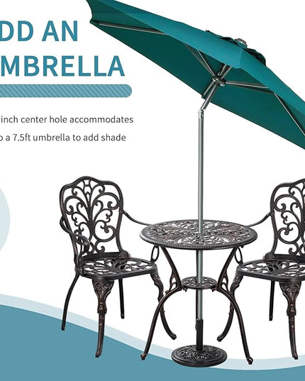 Bistro Set 3 Piece Outdoor Bistro Table and Chair Set of 2 Cast Aluminum Patio Furniture with Umbrella Hole,Patio Bistro Table Sets for Garden,Yard(Brown) - LeafyLoom