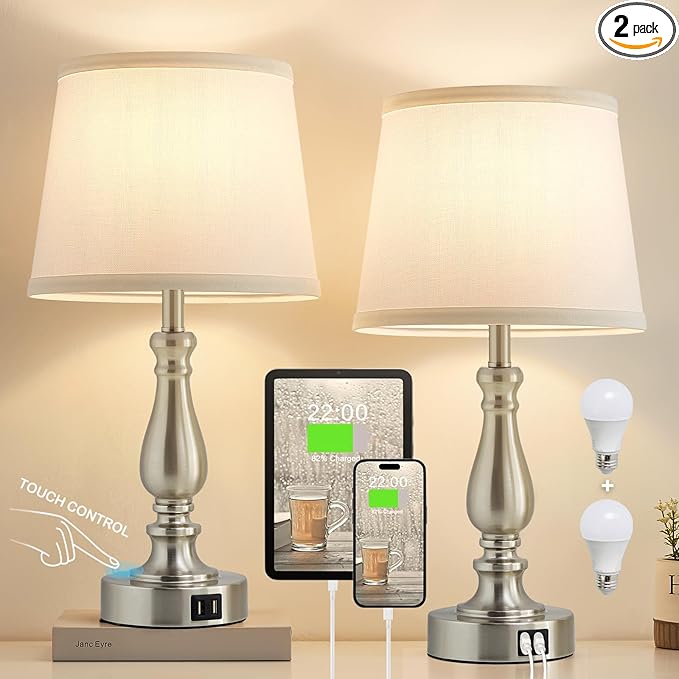Table Lamps for Bedrooms Set of 2 - Touch Bedside Lamps with Dual USB Ports, 3 Way Dimmable White Nightstand Lamps for End Tables, Farmhouse Night Stand Lamps for Living Room Bed Side Guest Room - LeafyLoom