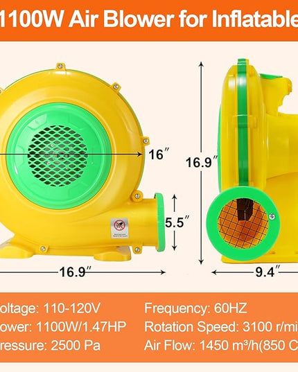 Bounce House Blower, 1100W 1.47HP Commercial Air Blower with Double-sided Fan Blade Design, Strong Wind and Great Heat Dissipation Properties for Large Bouncy Castle, Jump Slides, Arch - LeafyLoom