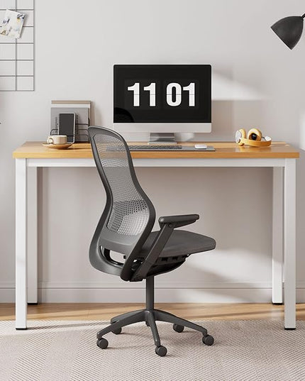 Need Small Desk, 39.4 inches Sturdy Writing Desk for Small Spaces, Small Computer Desk Teens Desk Study Table Laptop Desk Home Ofice Desk, White Metal Frame, Teak - LeafyLoom