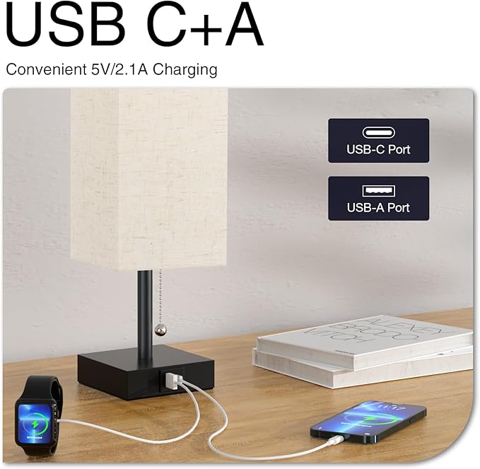 aooshine Bedside Lamps Set of 2 - Beige, USB A and USB C Charging, Pull Chain Control, Bulb NOT Included, Small - LeafyLoom