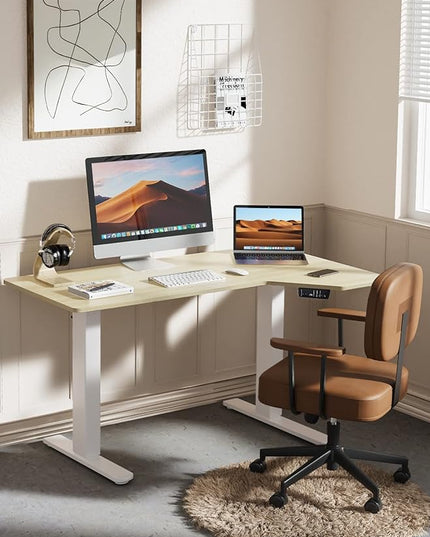 Electric Standing Desk, Height Adjustable Sit Stand up Desk, L-Shaped Memory Home Office Desk with Hook, 55 x 34 inch - LeafyLoom