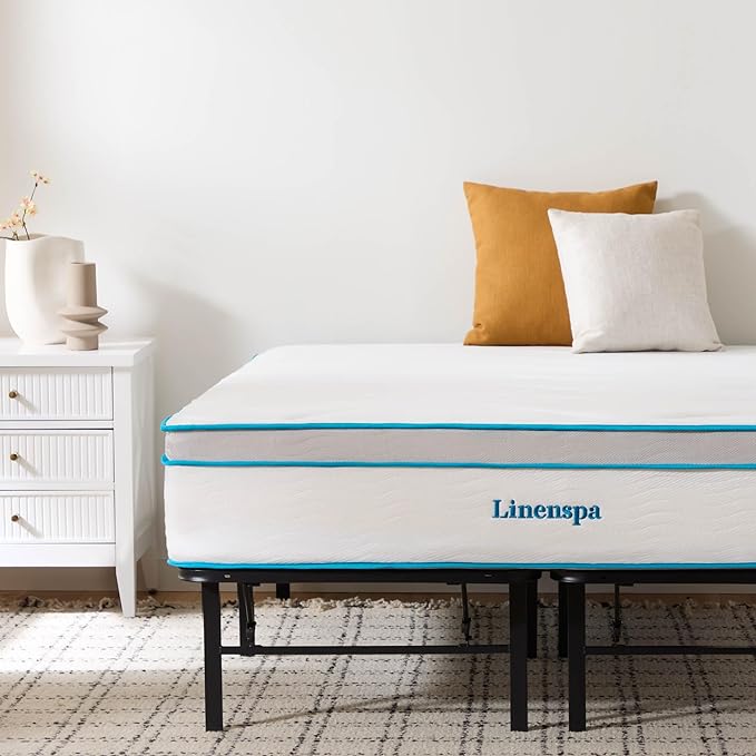Linenspa 12” Memory Foam and Innerspring Hybrid Mattress + 14” Black Metal Platform Bedframe – Twin Mattress + Metal Folding Twin Bedframe - LeafyLoom