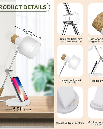 LED Desk Lamp, 180° Adjustable Desk Lamp for Home Office, Swing Arm Dimmable LED Table Lamp with Wireless Charger for Table Bedside Home Office Study, 6500K, 7W - LeafyLoom