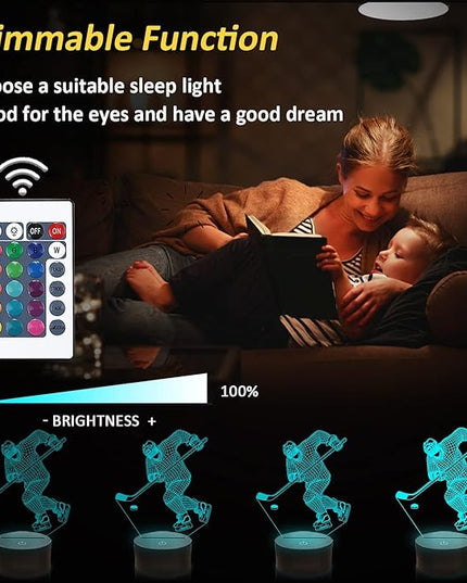 Hockey Night Light, Ice Hockey Player 3D Illusion Lamp for Boys Room Decor with Remote + Touch 16 Colors Flashing Changing Desk Lamps for Kids Sport Fans Birthday Xmas Cool Gifts - LeafyLoom