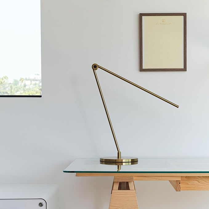 Brightech Libra LED Table Lamp - Contemporary Minimalist Thin Compact Desk Lamp - Adjustable Pivoting LED Head with Built-in Dimmer and Color Changing LED - Brass - LeafyLoom