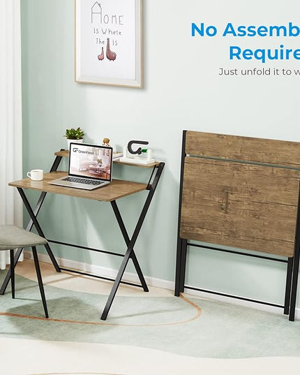 GreenForest Folding Desk No Assembly Required Small Size, 2-Tier Foldable Computer Desk with Shelf for Home Office, Space Saving Portable Laptop Study Foldable Table for Small Spaces, Brown - LeafyLoom
