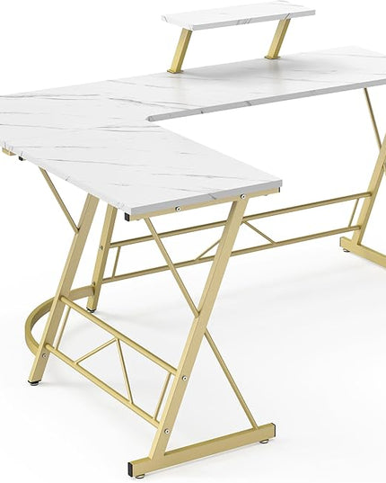 Mr IRONSTONE 63" L Shaped Gaming Desk, Corner Computer Desk, Home Office Writing Desk with Sturdy Monitor Shelf, Spacious L Shaped Desk Workstation, Easy to Assemble, Laminate Marble - LeafyLoom