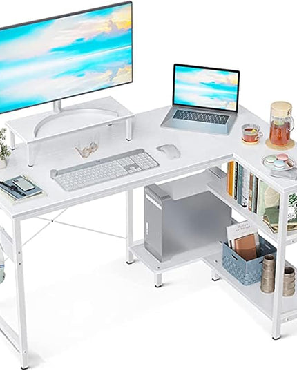 ODK 47 Inch Small L Shaped Computer Desk with Reversible Storage Shelves, L-shaped Corner Desk with Monitor Stand for Small Space, Modern Simple Writing Table for Home Office Workstation, White - LeafyLoom