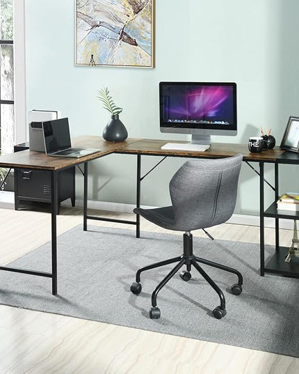 FurnitureR L-Shaped 58.3''Corner Computer Desk with Storage Shelf Long Gaming Desk for Home Office PC Workstation Saving Space Laptop Table (Brown and Black) - LeafyLoom