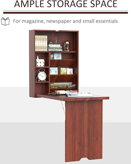 HOMCOM Compact Fold Out Wall Mounted Convertible Desk with Storage, Mahogany - LeafyLoom