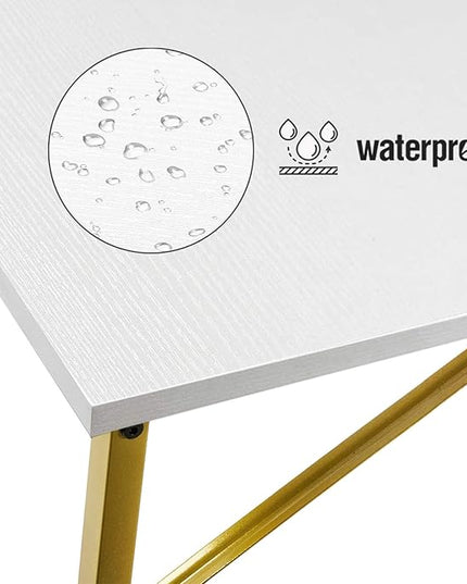 Lufeiya Small Computer Desk White Writing Table for Home Office Small Spaces 31 Inch Modern Student Study Laptop PC Desks with Gold Legs Storage Bag Headphone Hook,White Gold - LeafyLoom