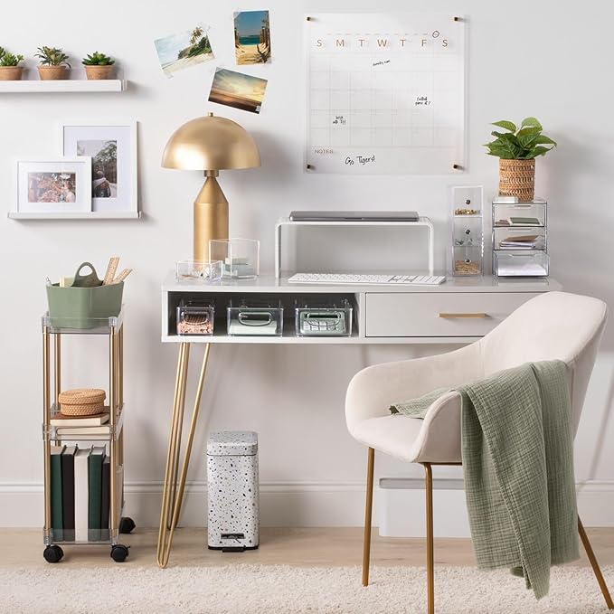 mDesign Metal/Wood Modern Computer Desk - Minimalist Desk and Computer Table with Drawer - Simple Desk with Storage Cubby and Hairpin Legs - Small Work Desk for Home Office, Study - Gray/Soft Brass - LeafyLoom