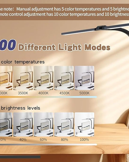 LED Desk Lamp for Home Office, Gooseneck Desk Light Architect Clip on office Lamp with 10 Dimmable 7 Modes, 24W Sensor Auto Dimming Table Lights for Desk, Adapter Included - LeafyLoom
