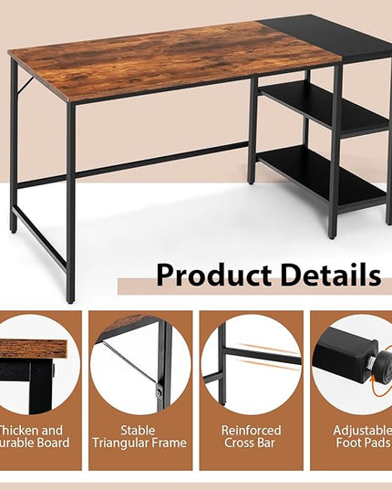 Multifunctional Computer Desk, Industrial Study Writing Desk w/Removable Storage Shelf, Heavy-Duty Metal Frame, 55 Inch Desk for Home Office, Gaming Room, Bedroom (Rustic Brown) - LeafyLoom