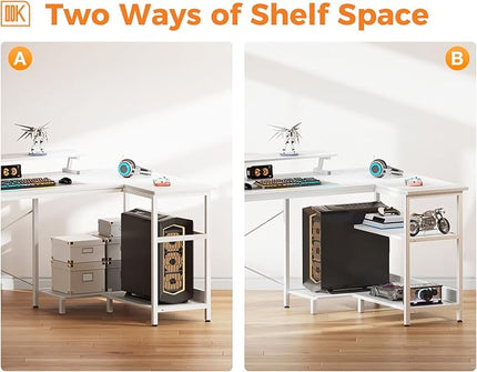 ODK 58 Inch Gaming Desk with USB Charging Ports and LED Lights, Reversible L Shaped Computer Desk with Storage Shelves & Monitor Stand, Corner Home Office Desk Table with Power Outlets, White - LeafyLoom