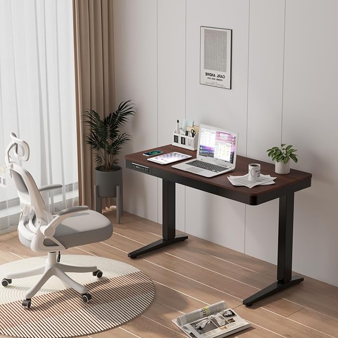 Standing Desk with Drawer and Wireless Charging,48x24 inch Dual Motor Electric Standing Desk,Stand Up Desk with Whole-Piece Desktop(Black Oval Legs+Rustic Brown Top) - LeafyLoom