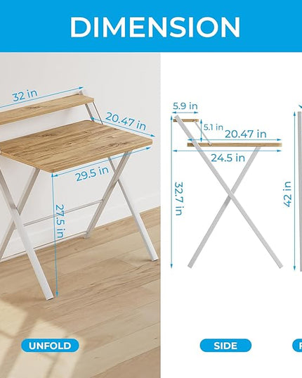 GreenForest Folding Desk No Assembly Required Large Size, 2-Tier Foldable Computer Desk with Shelf for Home Office, Space Saving Portable Laptop Study Foldable Table for Bedroom, Oak - LeafyLoom