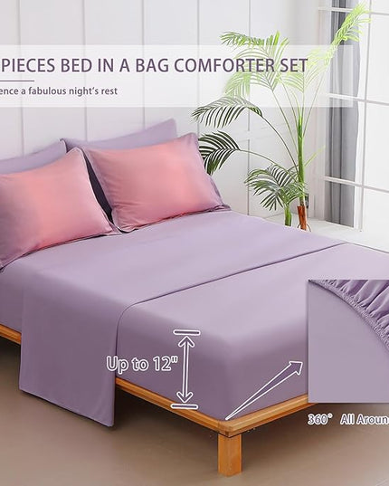 6 Pieces Comforter Set Twin Size for Girls - Gradient Pink and Purple All Season Teens Comforter Bedding Set, Ultra-Soft Fluffy Down Alternative Microfiber Bed in a Bag for Kids - LeafyLoom