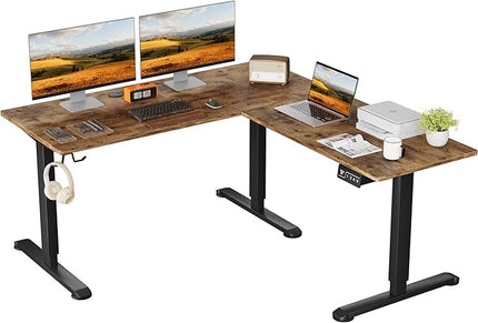 L-Shaped Electric Standing Desk, 63 x 55 Inches Height Adjustable Coner Table, Home Office Computer Workstation, Rustic Brown, 63 x 55 Inch - LeafyLoom