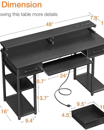 ODK Computer Desk with Drawers & Power Outlet, 48 Inch Office Desk with Keyboard Tray & Storage Shelves & PC Stand, Office Table Work Desk with Monitor Stand, Black - LeafyLoom