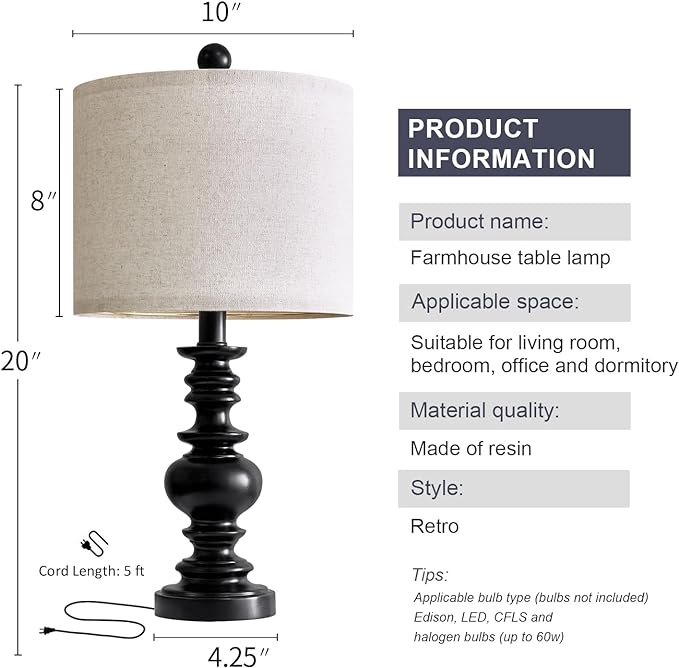 BOBOMOMO 20" Table Lamp Set of 2 for Bedroom Living Room Vintage Rustic Traditional Nightstand Bedside Lamps(suitable for decorating small areas) - LeafyLoom