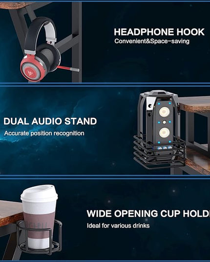 Gaming Desk, Computer Desk with Large Monitor Stand and Open Shelf, PC Laptop Gamer Table Workstation with Cup Holder, Headphone Hook, 2 Speaker Stand for Home Office (Rustic Brown) - LeafyLoom