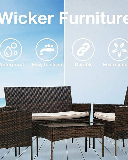 Outdoor Patio Furniture Sets 4 Pieces Patio Set Rattan Chair Wicker Sofa Conversation Set Patio Chair for Backyard Lawn Porch Poolside Balcony Garden Furniture Sets with Coffee Table (Brown) - LeafyLoom