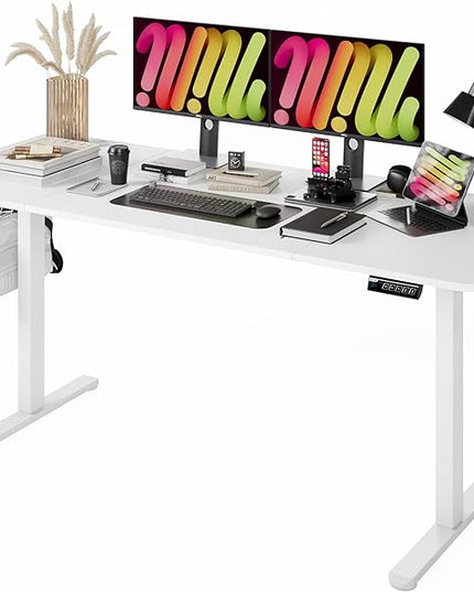 Monomi Electric Standing Desk, 63 x 28 inches Height Adjustable Desk, Ergonomic Home Office Sit Stand Up Desk with Memory Preset Controller (White Top/White Frame) - LeafyLoom