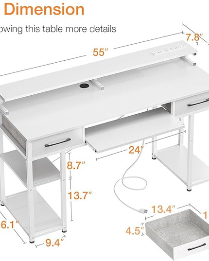 ODK Computer Desk with Drawers & Power Outlet, 55 Inch Office Desk with Keyboard Tray & Storage Shelves & PC Stand, Office Table Work Desk with Monitor Stand, White - LeafyLoom