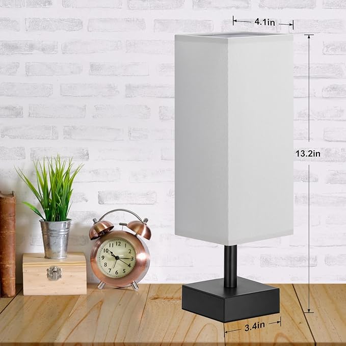 Grey Small Table Lamp for Bedroom - Bedside Lamps for Nightstand, Minimalist Night Stand Light Lamp with Square Fabric Shade, Desk Reading Lamp for Kids Room Living Room Office - LeafyLoom