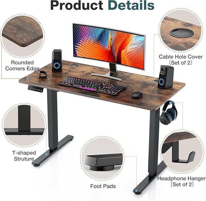 Sweetcrispy 55 x 24in Adjustable Height Electric Standing Computer Home Office Desk Ergonomic Workstation with 3 Memory Controller, 55"x24", Rustic Brown+Black - LeafyLoom