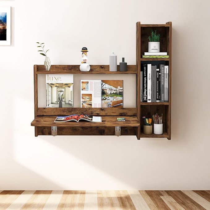 Pmnianhua Farmhouse Floating Desk,41''Wall Mounted Desk,L Shaped Folding Table,Fold Down Laptop Computer Table with Storage for Wall Bedroom Small Space (Rustic Brown-Right) - LeafyLoom