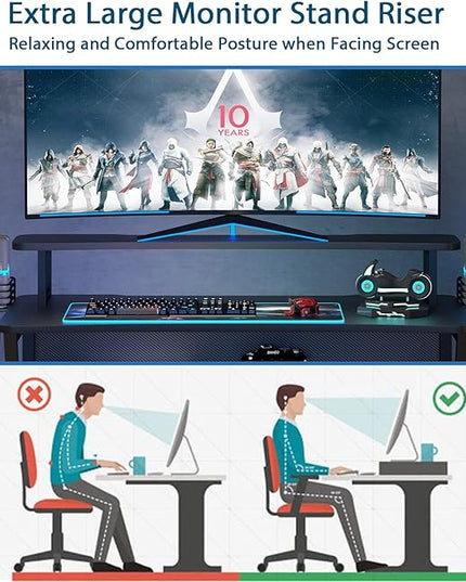 Gaming Desk, Computer Desk with Large Monitor Stand and Open Shelf,Gamer Table Workstation with Cup Holder, Headphone Hook, 2 Speaker Stand for Home Office (Black Carbon Fiber) - LeafyLoom