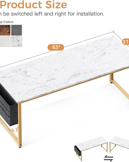 ODK Computer Desk Large Office Desk, 63 Inch Writing Desk with Storage, Modern PC Desk Work Table with Headphone Hook for Home Office, White Marble + Gold Leg - LeafyLoom
