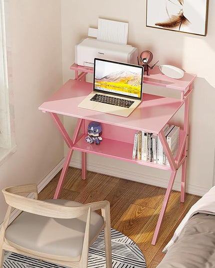 ODK Small Desk, 27.5 Inch Small Computer Desk for Small Spaces, Compact Desk with Storage, Tiny Desk Study Desk with Monitor Stand for Home Office, Pink - LeafyLoom