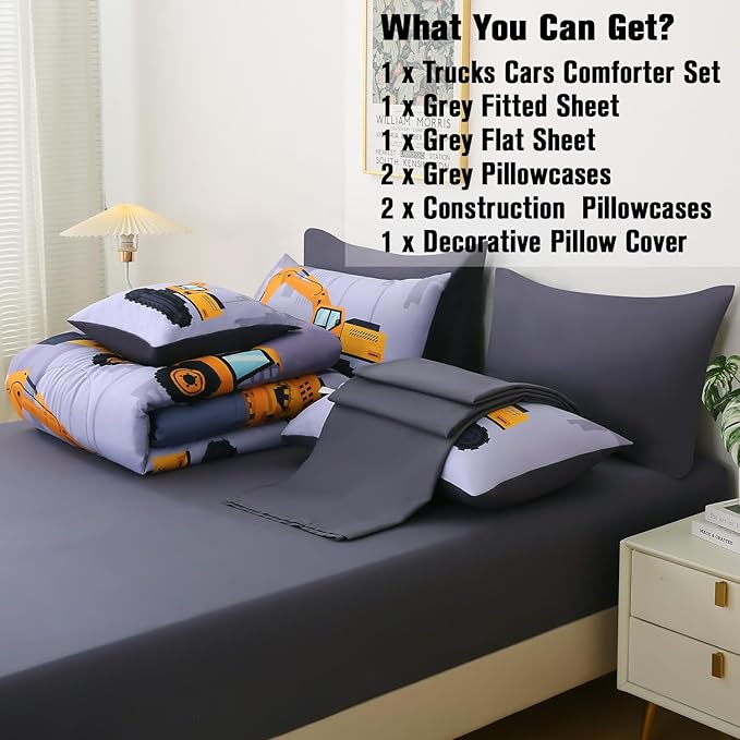 JQinHome Construction Full Bedding Sets for Boys Kids,8 Piece Bed in A Bag 3D Cartoon Car Excavator Tractor Comforter Set with Sheet Set,Trucks Cars - LeafyLoom