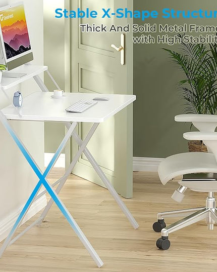 GreenForest Folding Desk No Assembly Required Small Size, 2-Tier Foldable Computer Desk with Shelf for Home Office, Space Saving Portable Laptop Study Foldable Table for Small Spaces, White - LeafyLoom