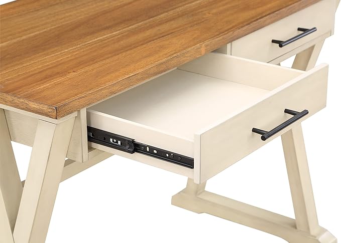 OSP Home Furnishings Jericho Rustic 42 Inch Writing Desk with 2 Drawers and Burnished Decorative Hardware, Antique White - LeafyLoom