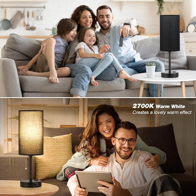 Dicoool 18Inch Tall Bedroom Lamps with USB C and A Ports 3 Color Temperatures - Pull Chain Black Nightstand Bedside Table Lamp with AC Outlet, Side Lamp for Living Room End Table - LeafyLoom