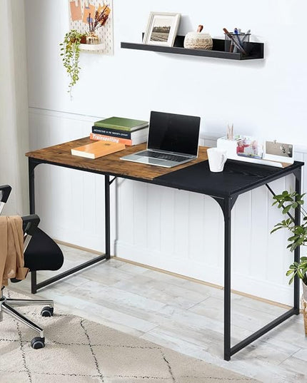 FurnitureR 39.4" Home Office Table Simple Computer Desk Laptop PC Writing Sturdy Metal Frames for Study Room, Brown&Black - LeafyLoom