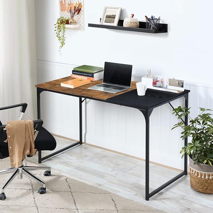 FurnitureR 39.4" Home Office Table Simple Computer Desk Laptop PC Writing Sturdy Metal Frames for Study Room, Brown&Black - LeafyLoom