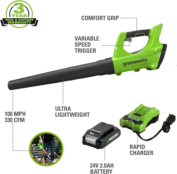 Greenworks 24V Axial Blower (100 MPH / 330 CFM), 2.0Ah Battery and Charger - LeafyLoom