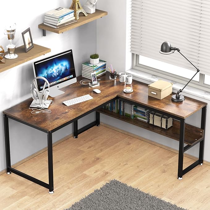 L Shaped Desk, Office Computer Corner Desk, 55 inch Home Gaming Desk Table, Writing Study Workstation with Storage Shelves for Home Office, Space-Saving, Industrial, Rustic Brown - LeafyLoom