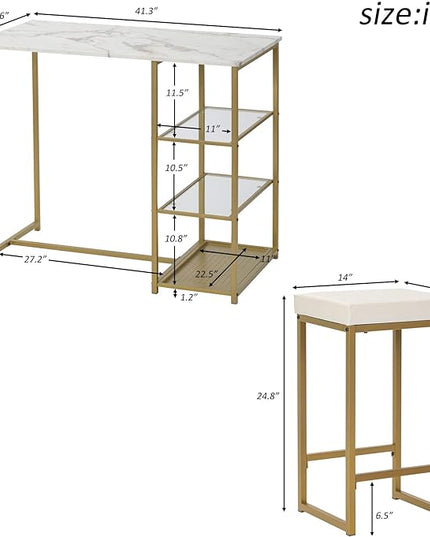 Merax 3-Piece White/Gold Modern Pub Set Counter Height Breakfast Table with 4 Bar Stool for Kitchen Dining Room - LeafyLoom