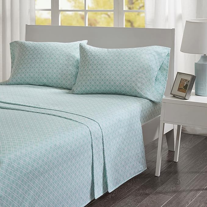 Comfort Spaces Cotton Flannel Breathable Warm Deep Pocket Sheets with Pillow Case Bedding, Queen, Aqua Geo 4 Piece - LeafyLoom