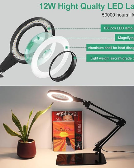 5X & 10X Magnifying Glass with Light and Stand, NAKOOS 2-in-1 Magnifying Lamp with Clamp, 3 Color Modes Touch Control Stepless Dimmable Magnifiers with Stand for Soldering DIY and Close Work - LeafyLoom
