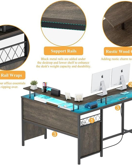 Industrial Home Office Desk with Storage, L Shaped Desk with Power Outlet, Reversible Computer Desk with Monitor Stand, Corner Gaming Desk with Led Lights (Walnut Brown) - LeafyLoom